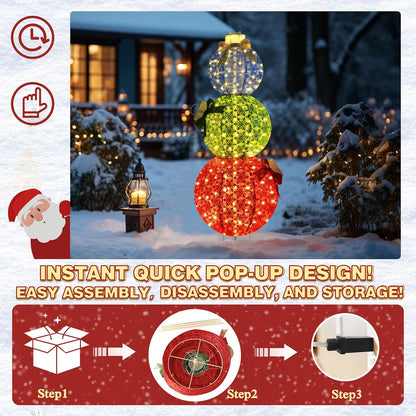 5FT Lighted Pop Up Stackable Ornaments for Christmas Decoration, 3D Pre-Lit Decor with 210 LED Lights with Easy Pop-Up Design, Freestanding Glittered Holiday Display for Outdoor, Indoor