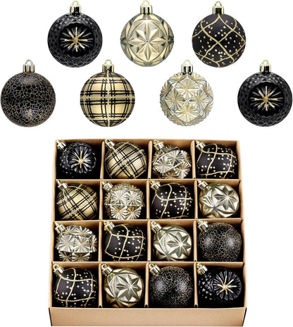 Valery Madelyn Ornaments for Christmas Trees, 16ct 2.36 Inches Black and Gold Shatterproof Christmas Tree Decorations, Luxury Hanging Ball Ornaments for Xmas Holiday Party Decor