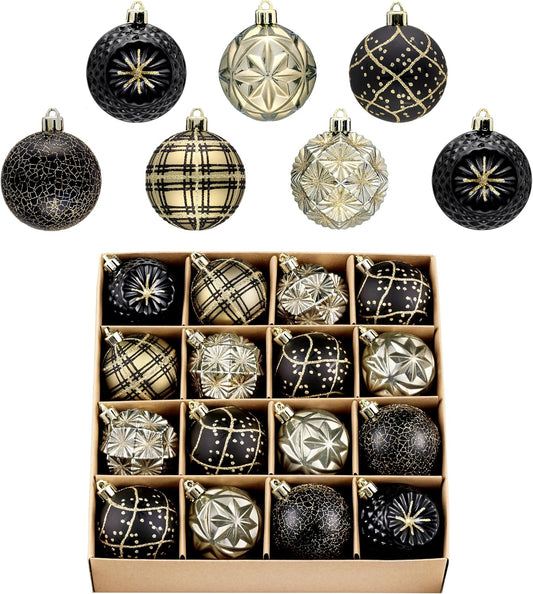 Valery Madelyn Ornaments for Christmas Trees, 16ct 2.36 Inches Black and Gold Shatterproof Christmas Tree Decorations, Luxury Hanging Ball Ornaments for Xmas Holiday Party Decor