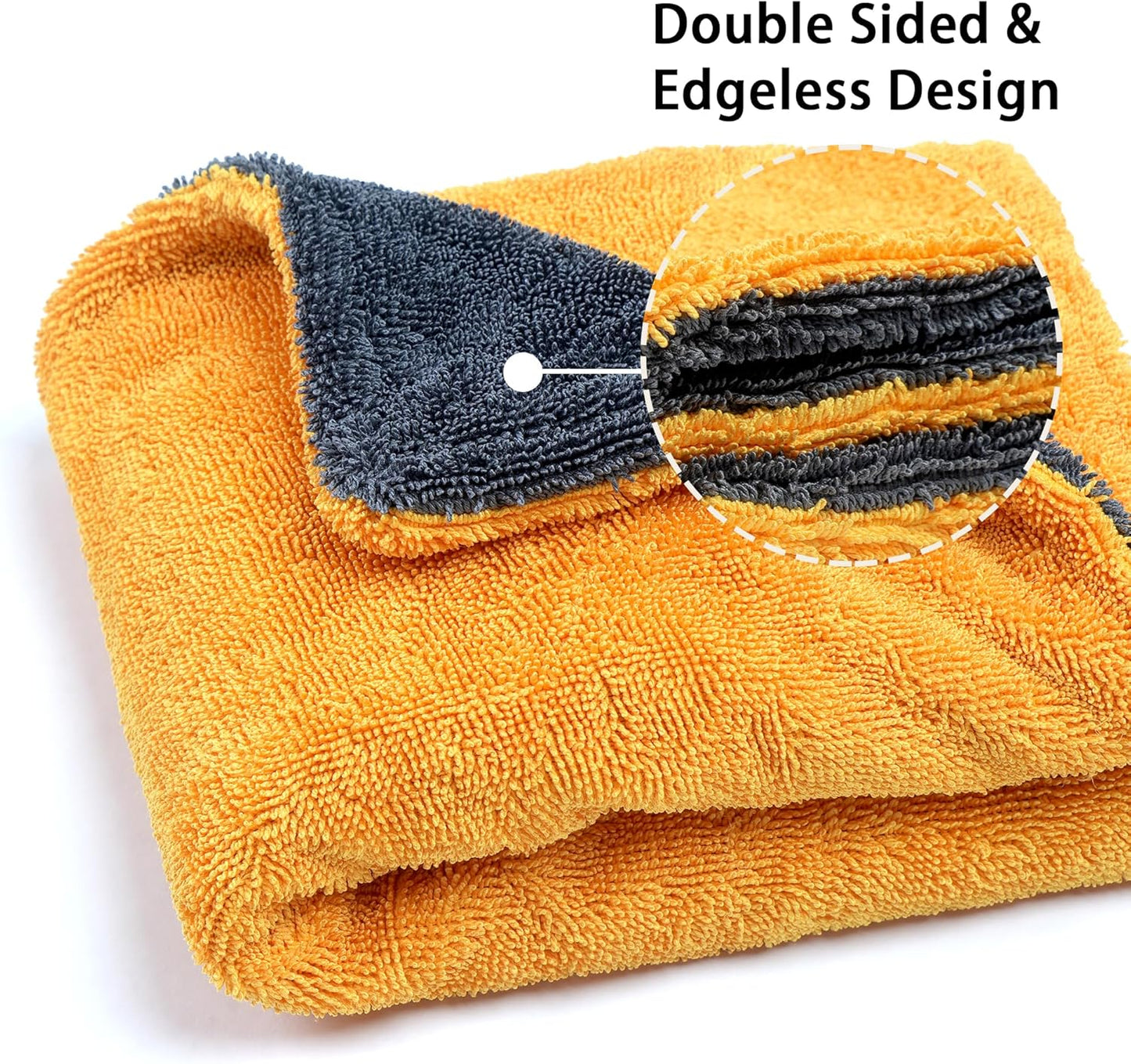 Greenfound Microfiber Towel for Cars, 1000GSM Car Drying Towel, Double Twist Pile & Edgeless Design, No Streaks, Scratches, or Water Spots, Soft and Absorbent, 18"×24", Yellow&Grey