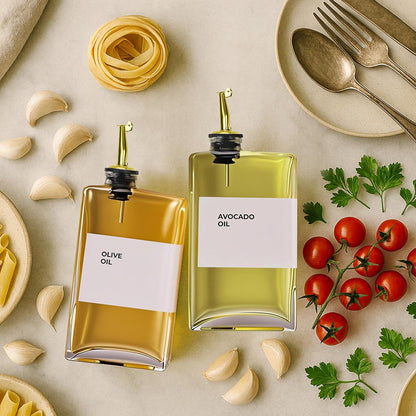 Olive Oil Dispenser Bottle - Includes 44 Kitchen Essential Labels - Cooking Oil Bottles for Kitchen, Coffee Syrup Dispenser - Pourer Spout with 11.8 fl oz Glass Container Cruet - 4pcs, Gold