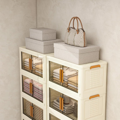 Plastic Stackable Storage Bins with Lids and Wheels, Foldable Closet Organizers and Storage Containers for Bathroom, Collapsible Clear Drawer Storage Cabinet with Doors White 11.4Gal 4Tiers