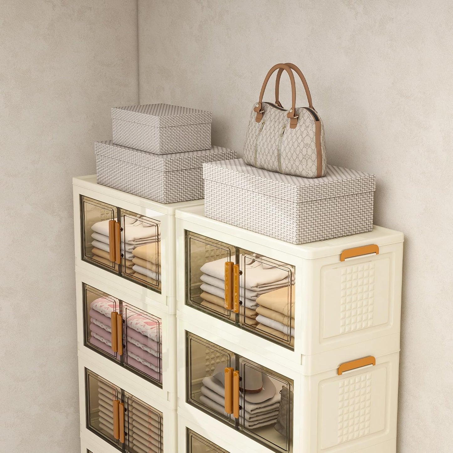 Plastic Stackable Storage Bins with Lids and Wheels, Foldable Closet Organizers and Storage Containers for Bathroom, Collapsible Clear Drawer Storage Cabinet with Doors White 22.4Gal 4Tiers