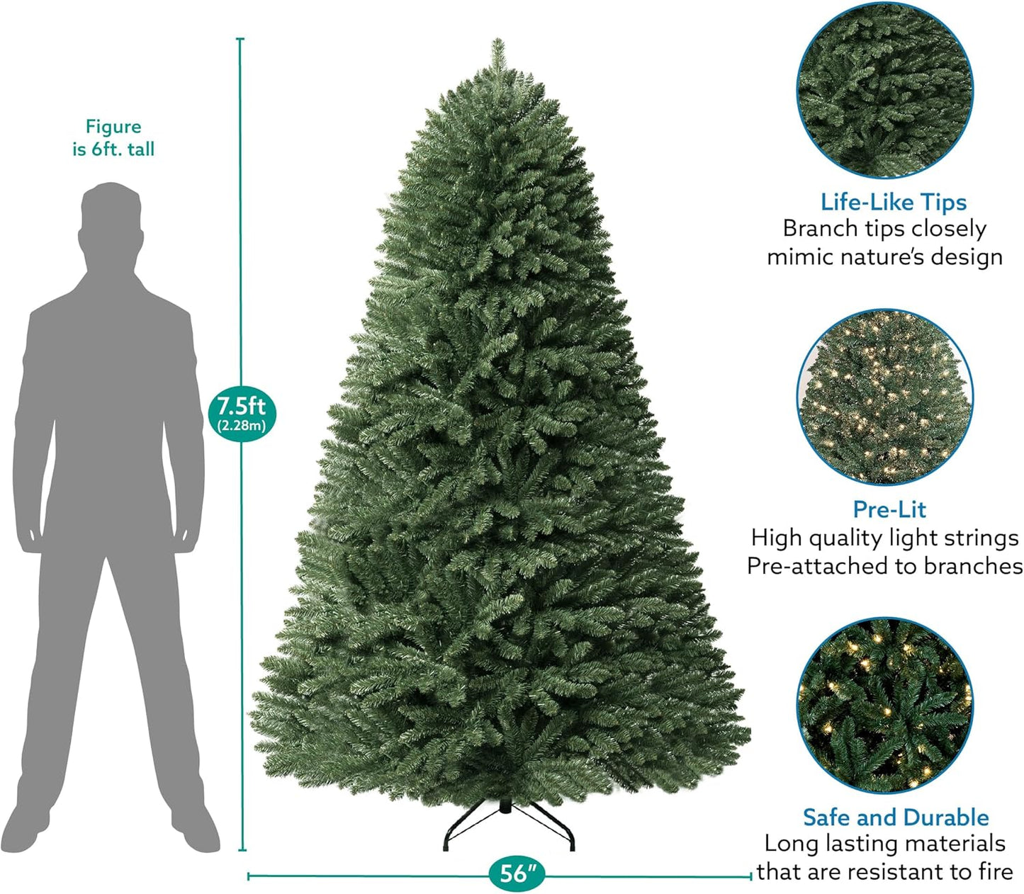 Prague 7.5ft Prelit Artificial Christmas Tree with Foot Pedal, 1717 Branch Tips, 550 Warm Lights and Metal Stand, 56" Wide Realistic Spruce Christmas Tree with Lights by Naomi Home