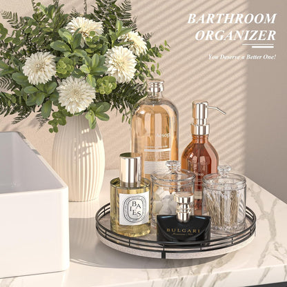 12" Farmhouse Lazy Susan for Kitchen & Coffee Table Decor – Rustic Wood Tray with Black Metal Frame, Decorative Centerpiece for Dining Room, Ottoman, Living Room, Serving or Vanity Use