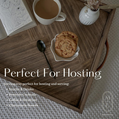 Medium Ottoman Wood Serving Tray- with Leather Handle Decorative Wooden 24 * 16 * 1.5 Inches Square Serving Tray Best for Coffee Table, Living Room and Kitchen