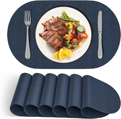 DOLOPL Placemats Set of 6, Oval Large Place Mats for Kitchen Dining Room Table Decorations, Navy Blue Faux Leather Anti Slip Waterproof Dining Table Place Mats for Indoor & Outdoor Use(13.8"x21.6")