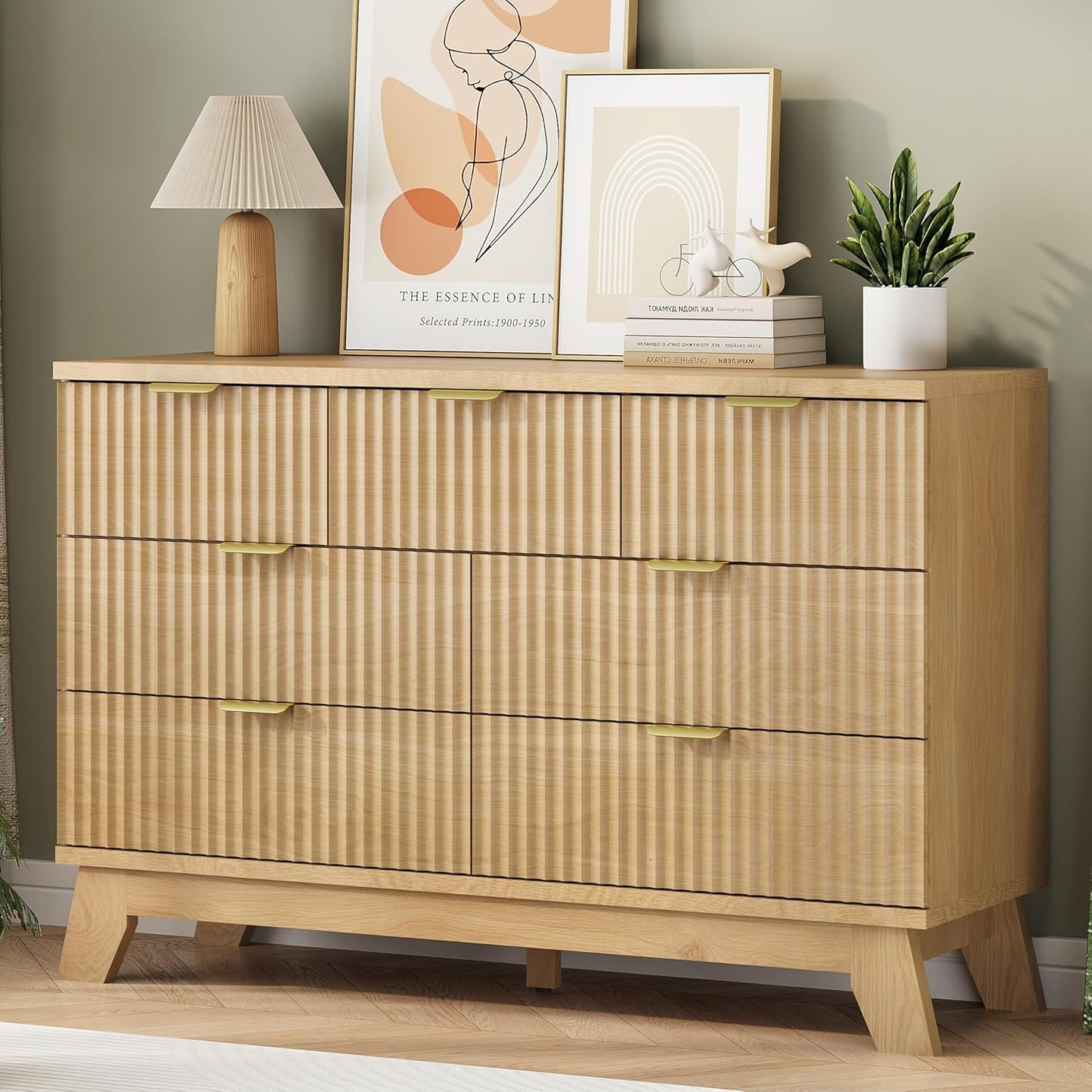 Fluted Dresser for Bedroom with 7 Drawers, 48" Wide Modern Chest of Drawers with Metal Handle, Wood Dresser TV Stand, Wooden Closet Clothes Storage Organizer for Living Room, Hallway, Natural Oak