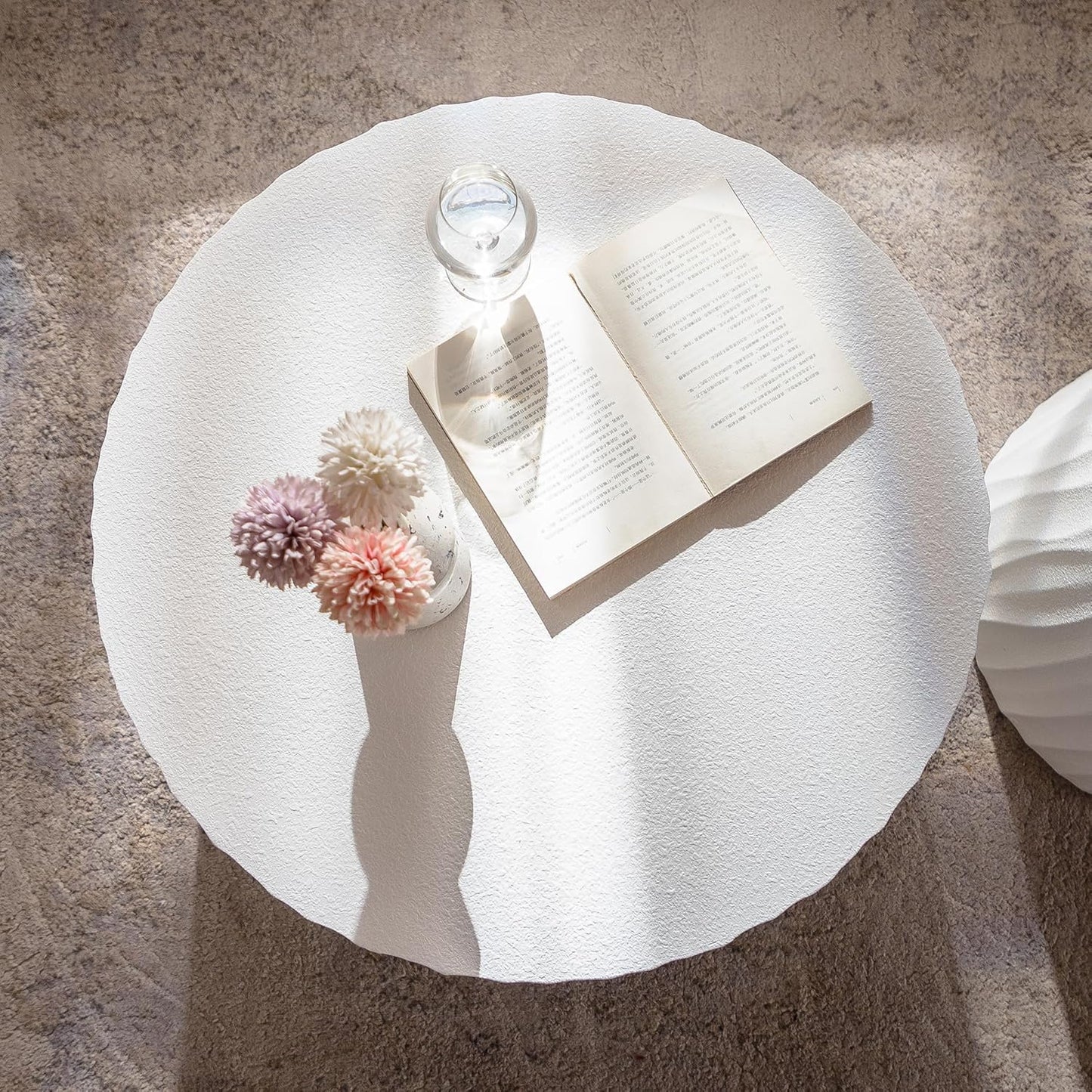 Nesting Round Coffee Table Set of 2, 26.77" (W) Circle Accent End Table with Water Ripple Pattern, Morden Drum Side Table, Wooden Center Table for Living Room, Fully Assembled - White