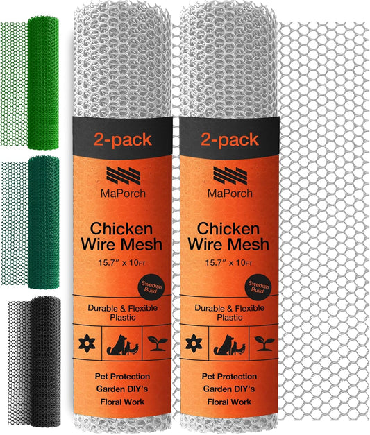 MaPorch Plastic Wire Mesh Fence - 2-Pack White 15.7 in x 10 ft - Durable Weather-Resistant Garden Fencing - Chicken Wire Fencing for Dogs Rabbits Poultry - Under Bed Blocker for Pets