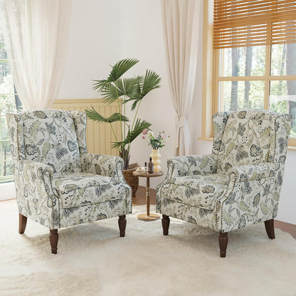 Lumibee Wingback Accent Chair, 2 Set High Back Floral Armchairs in Fabric,Comfy Upholstered Reading Single Sofa Chairs with Solid Wood Legs for Living Room,Bedroom,Office-Plants Beige