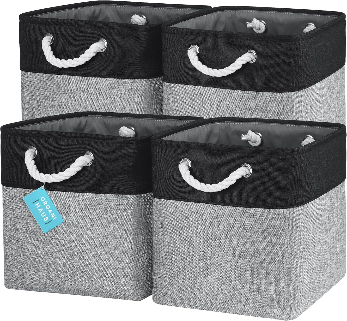 OrganiHaus 12x12 Cube Storage Bins 4 Pack, Foldable Cube Storage Organizer w/ Rope Handles, Collapsible Fabric Bins for Toys, Clothes & Closet Organization, Fabric Square Baskets - Gray/Black
