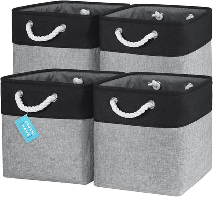 OrganiHaus 12x12 Cube Storage Bins 4 Pack, Foldable Cube Storage Organizer w/ Rope Handles, Collapsible Fabric Bins for Toys, Clothes & Closet Organization, Fabric Square Baskets - Gray/Black