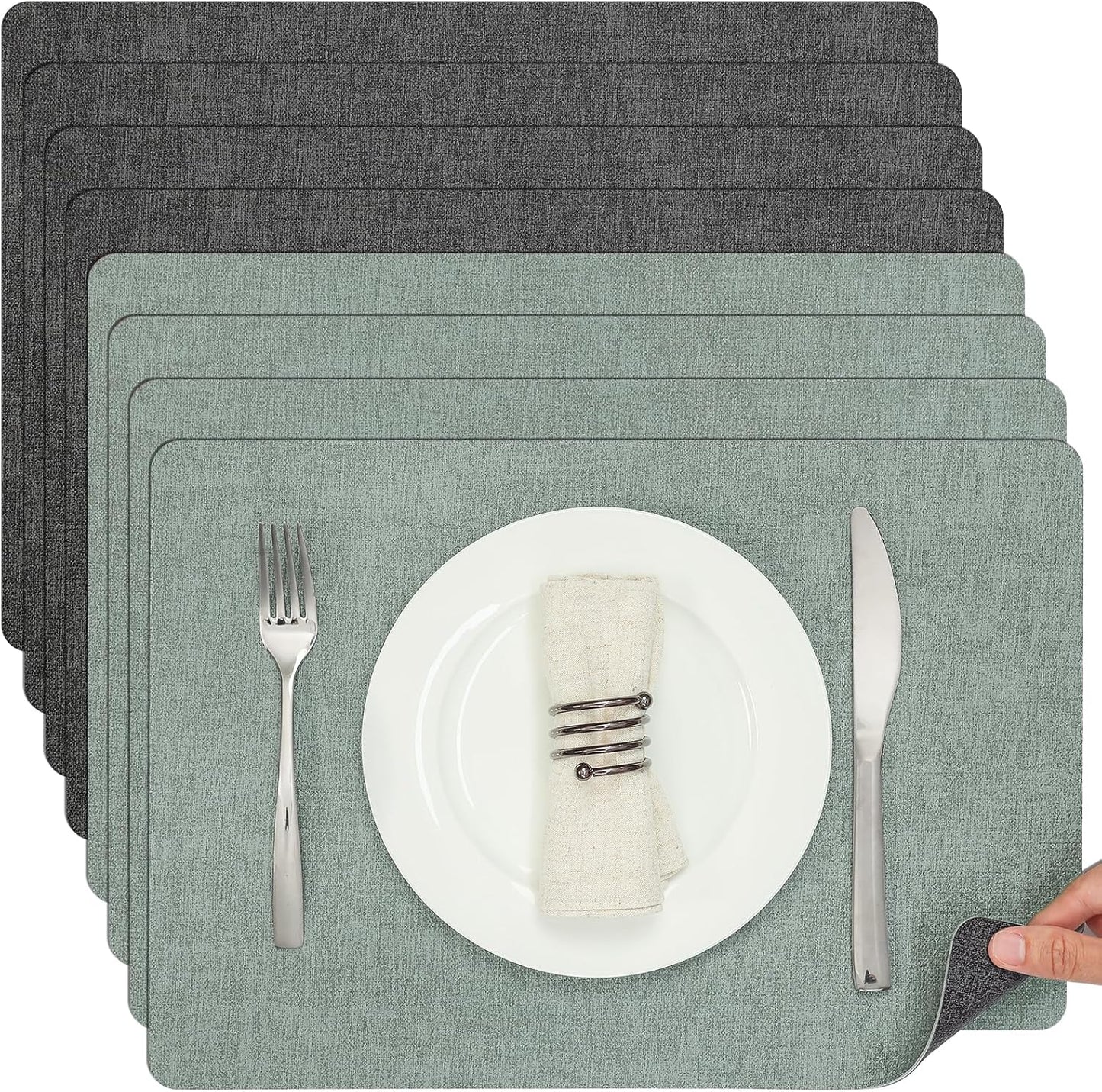 Myir JUN Dual Sided Faux Leather Placemats Set of 8 for Indoor Outdoor Dining Tables, Square Non-Slip Washable Wipeable Table Mats (Gray Sage Green, Set of 8)