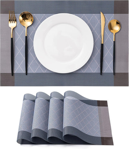 CADONO Placemats Set of 4 Washable Indoor/Outdoor Vinyl Place Mats for Dining Table Durable Non-Slip Heat Resistant PVC Weave Table Mats（Rhombus-Blue）