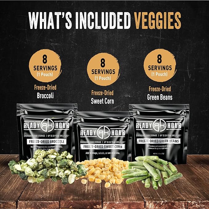 Ready Hour, Fruit & Veggie Mix, Non-Perishable Freeze-Dried Food, 30-Year Shelf Life, Portable Emergency and Adventure Food Supply, Durable Flood Safe Container, 56 Servings