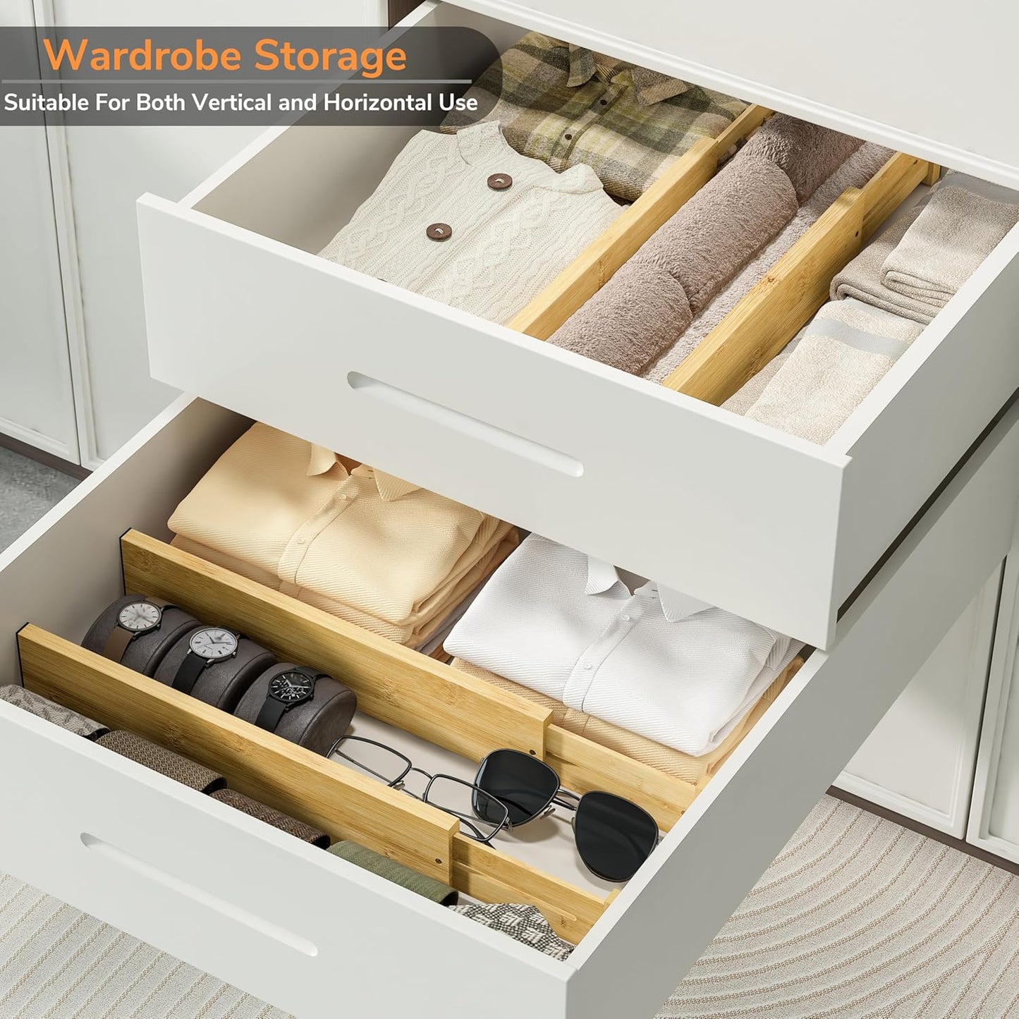 BAMEOS 3" H Bamboo Drawer Dividers - Adjustable Expandable Drawer Organizer - Kitchen, Bathroom, Bedroom & Office, 4-pack