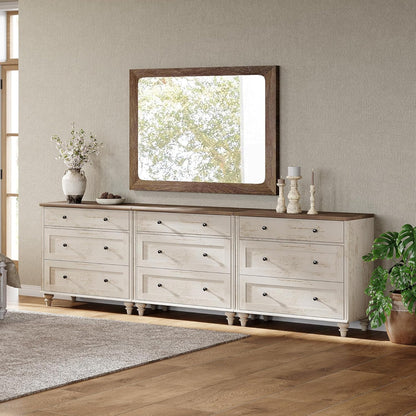 WAMPAT Kids Dresser for Bedroom with 9 Drawers, Baby Dressers with Wide Chest of Drawers, Farmhouse Wooden Closet Storage Organizer, Large Wood Dressers for Living Room, Nursery, Hallway, Rustic White