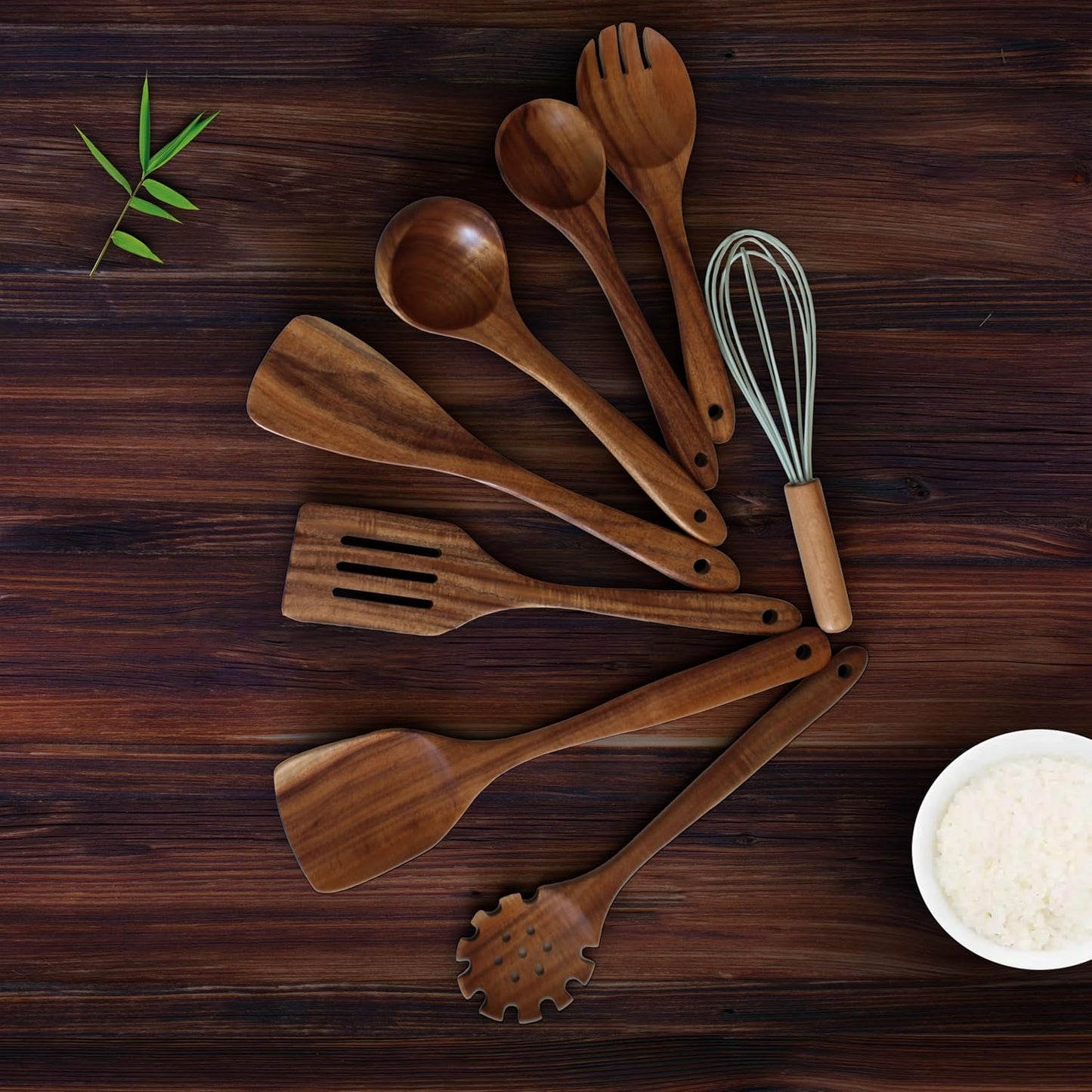 Wooden Kitchen Utensils Set, Teak Wood Cooking Spoons for Non-Stick Pans, 8 Pieces