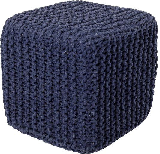 REDEARTH Square Hand Knitted Pouf - Foot Stool Ottoman Coffee Table - Cotton Cord Boho Pouffe - Poof Accent Footrest for Living Room - Bedroom - Library (16" x 16" x 16") - Navy Blue