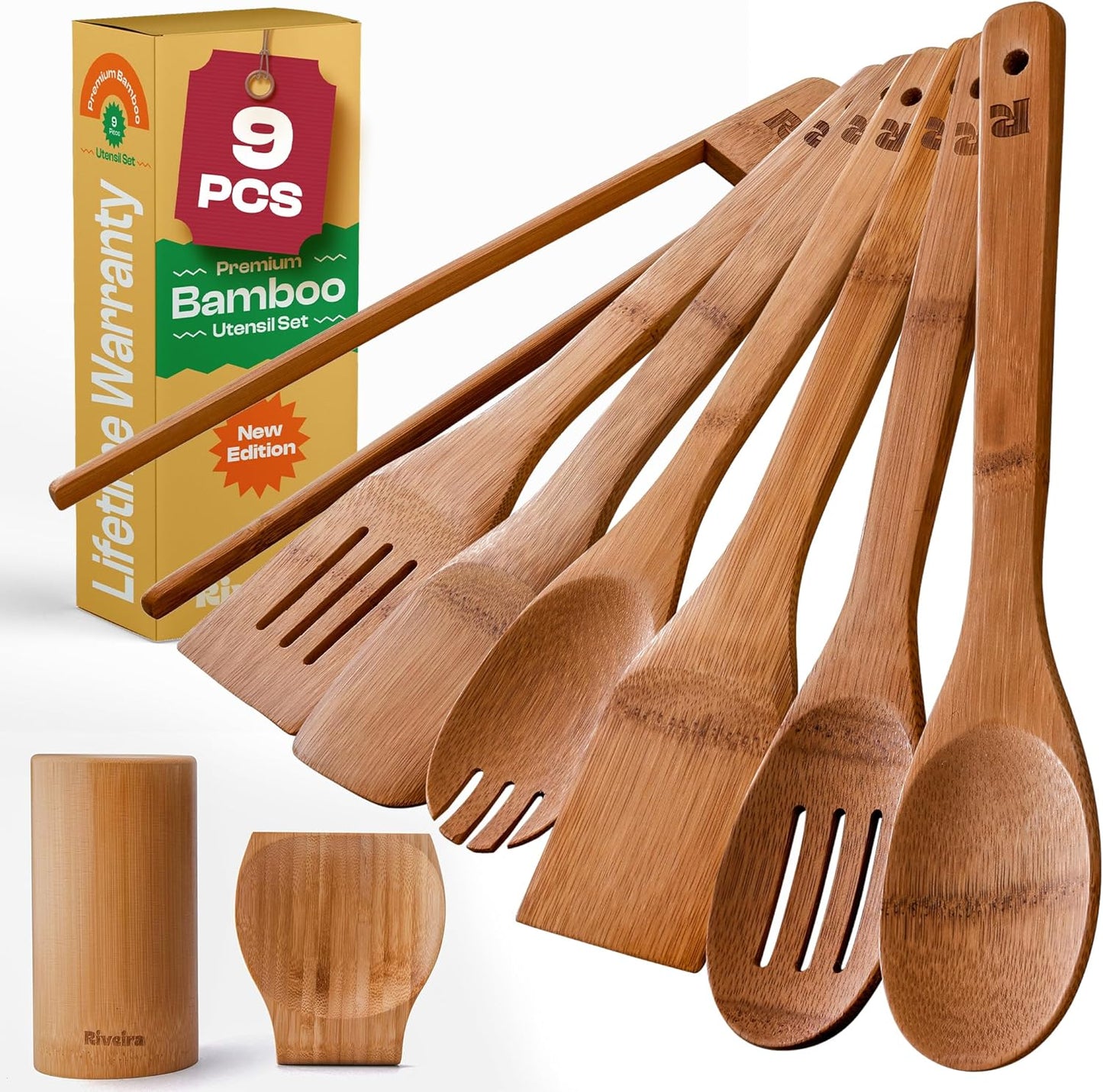 Riveira Dark Bamboo Wooden Spoons for Cooking 9-Piece with Holder, Apartment Essentials Wood Spatula Spoon Nonstick Kitchen Utensil Set Premium Quality Housewarming Gifts for Everyday Use