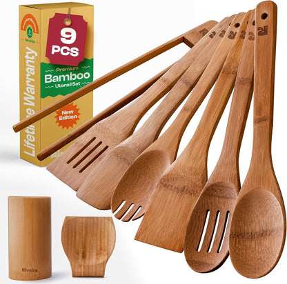 Riveira Dark Bamboo Wooden Spoons for Cooking 9-Piece with Holder, Apartment Essentials Wood Spatula Spoon Nonstick Kitchen Utensil Set Premium Quality Housewarming Gifts for Everyday Use