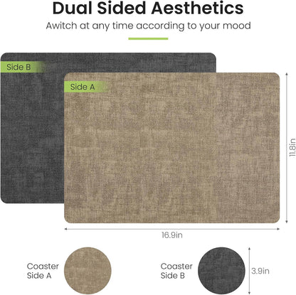Faux Leather Dual Sided Placemats Set of 6, Square Non-Slip Heat Resistant Placemats with Coaster, Reversible wipeable Waterproof Table Mats for Kitchen, Dining, Outdoor (6, Black Light Coffee)