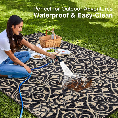 OLANLY Outdoor Rug Waterproof 6x9 ft Clearance, Reversible Outdoor Plastic Straw Rug with Floral Pattern, RV Mat for Patio, Camping, Balcony, Deck, Backyard, Black & Beige