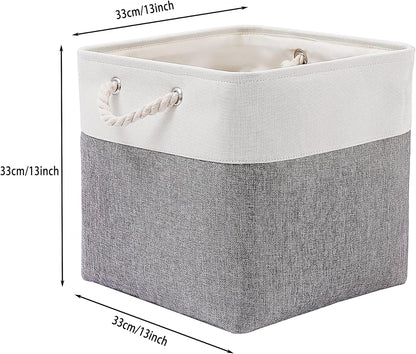 13 x 13 Inch Cube Storage Bins, 4 Pack Large Collapsible Fabric Storage Bin with Ropes, Foldable Storage Cubes for Home, Office,Closet, Clothes, Toys Organizer (White & Grey)