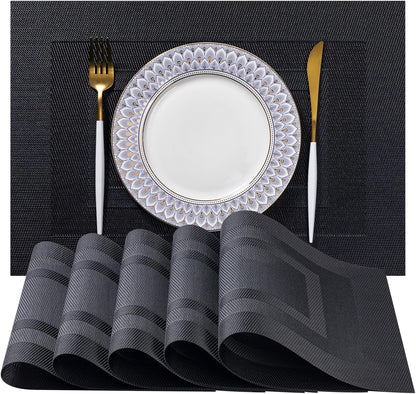 LEXMORE Placemats Set of 8 Vinyl/Plastic Woven Place Mats for Kitchen Table Indoor/Outdoor Washable Placemat Wipeable Dining Table Mats(G-Black Cube)
