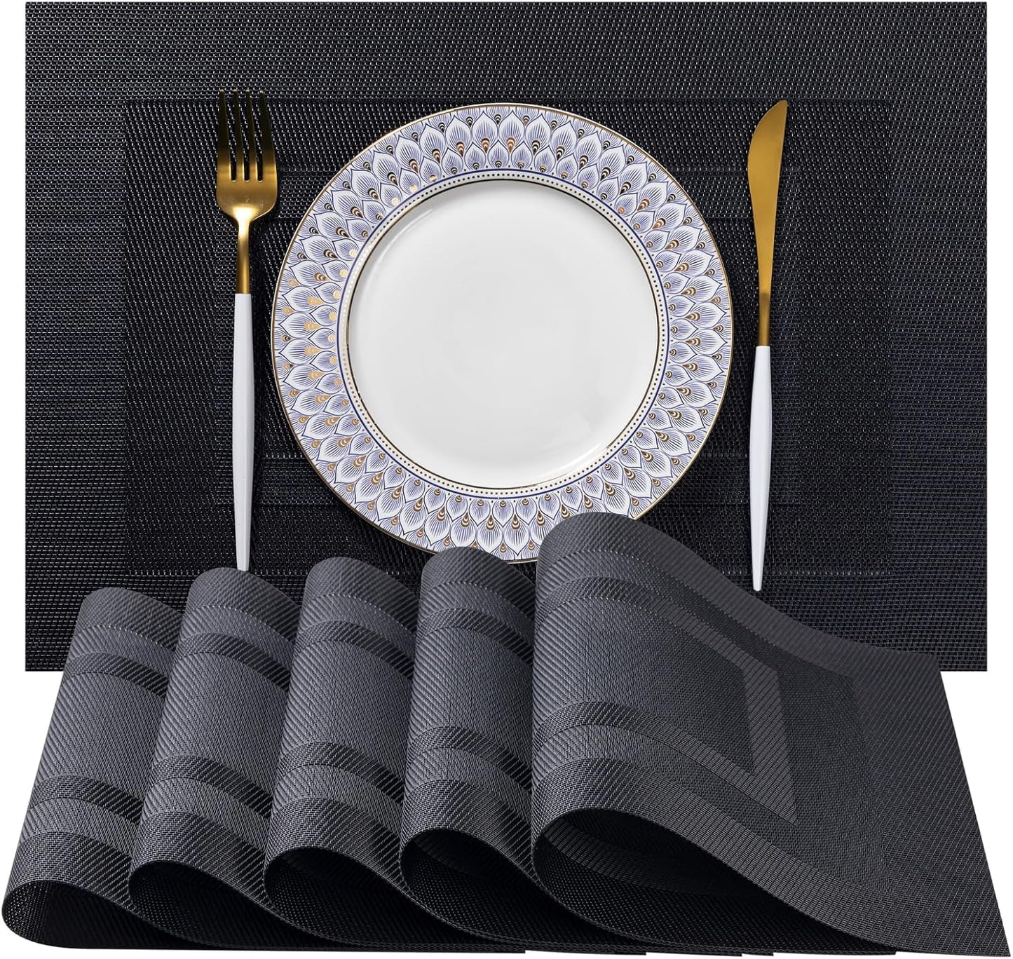 LEXMORE Placemats Set of 6 Vinyl/Plastic Woven Place Mats for Kitchen Table Indoor/Outdoor Washable Placemat Wipeable Dining Table Mats(G-Black Cube)