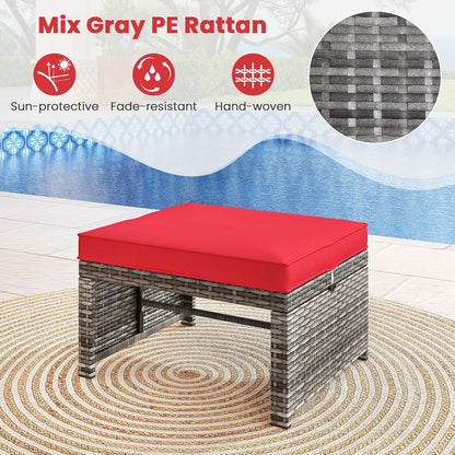 Tangkula 2 Pieces Patio PE Rattan Ottomans, Multipurpose Outdoor Footstool Footrest Additional Seating Side Table with Soft Zippered Cushions for Deck, Garden, and Yard (Red)