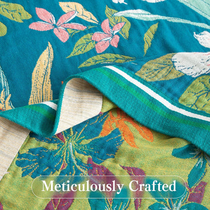 Boho Throw Blanket Twin Size, Soft Cozy Cotton Muslin Quilt Blanket for Bed Decor, Floral Patterned Couch Sofa Chair Cover, Vintage Farmhouse Cottage Tapestry Woven Blanket, Teal&Green