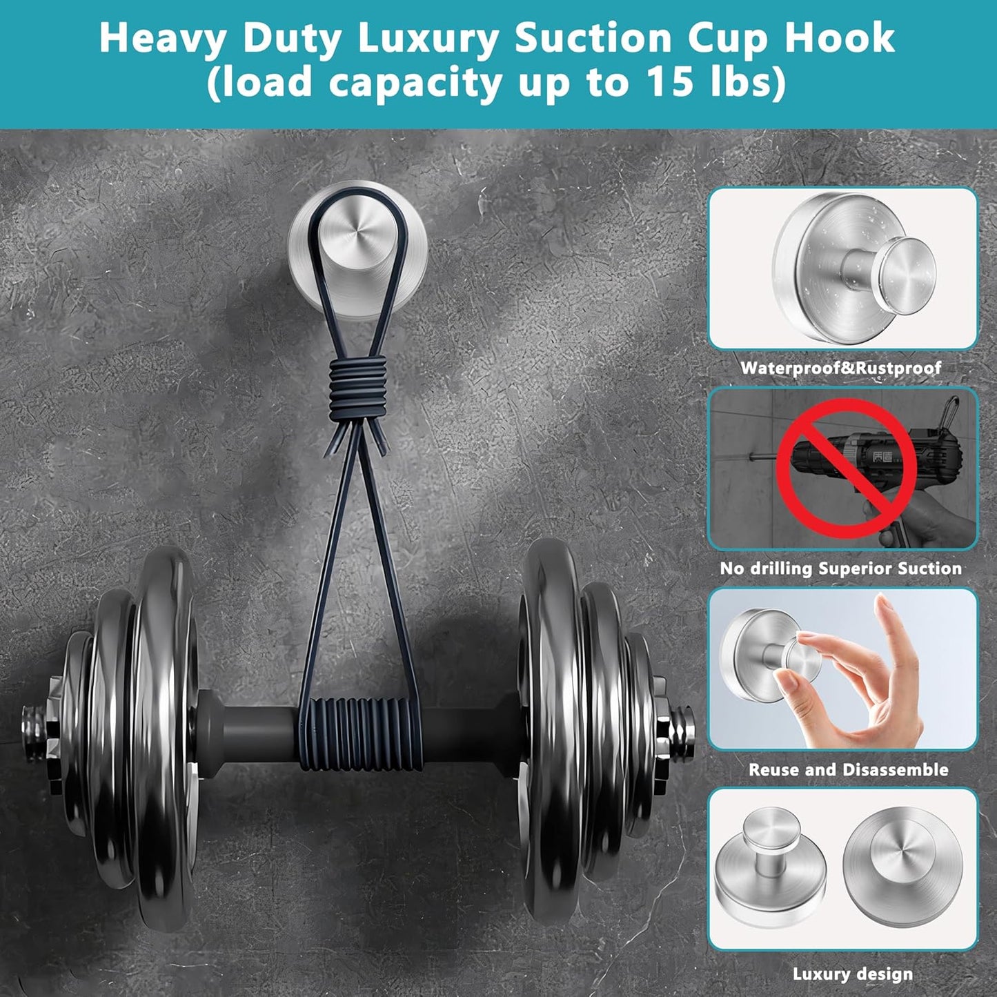 Suction Cup Hooks for Shower,Removable No Drill Towel Hooks,Upgraded 15 lbs Strong Suction hooks for Bathroom Tile,Shower Wall,Glass Door,Kitchen-Loofah,Coat,Stainless Waterproof-Silver 2 Pcs