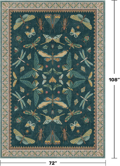 Oriental Blue and Green Area Rugs for Living Room 6x9 - Insect & Butterfly Dining Table Rug, Bedroom Boys, Washable Non Skid Rubber Backed, Vintage Funky Home Décor