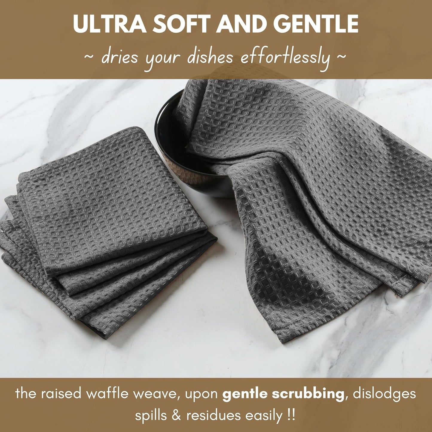 Native Fab Cotton Kitchen Towel with Hanging Loop 16x26 inches, 4-Pack, Waffle Weave Kitchen Towels for Cleaning Drying, Washcloths Soft & Absorbent Cloth Rags, Bar Towel, Dish Cloth, Grey