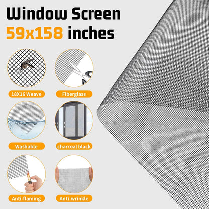 Window Screen Replacement,Screen Door Repair Kit, 59"x158" Black Window Screen Mesh,Including 50 FT Splines+Hooks+2 Rollers+8 Clips+Scissors+Knife+Tape Measure,Fully Equipped Window Screen Repair Kit