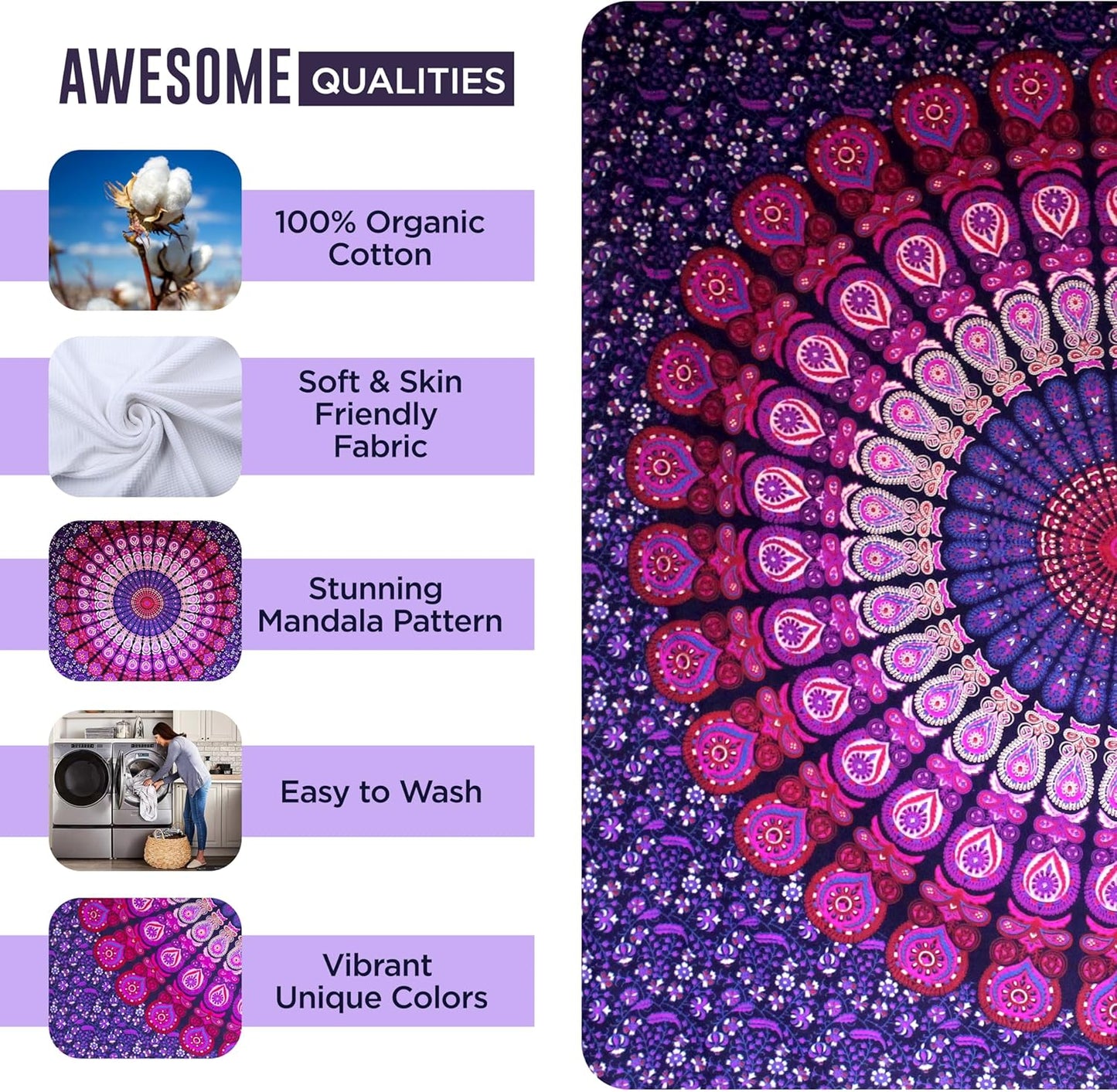 raajsee Indian Cotton Purple Tapestry Mandala Wall Hangings, Hippie Tapestries,Boho Throw Bohemian Bedding, Beach Blanket, Yoga Meditation Rugs Queen Bedspread Queen (82x92 Inches / 210x232 Cms)