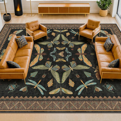 Large Black Rug for Living Room - Area Rugs 9x12 Dining Room Table, Large Bedroom Under Bed, Unique Insect Bug Home Décor, Foldable Soft Stain Resistant
