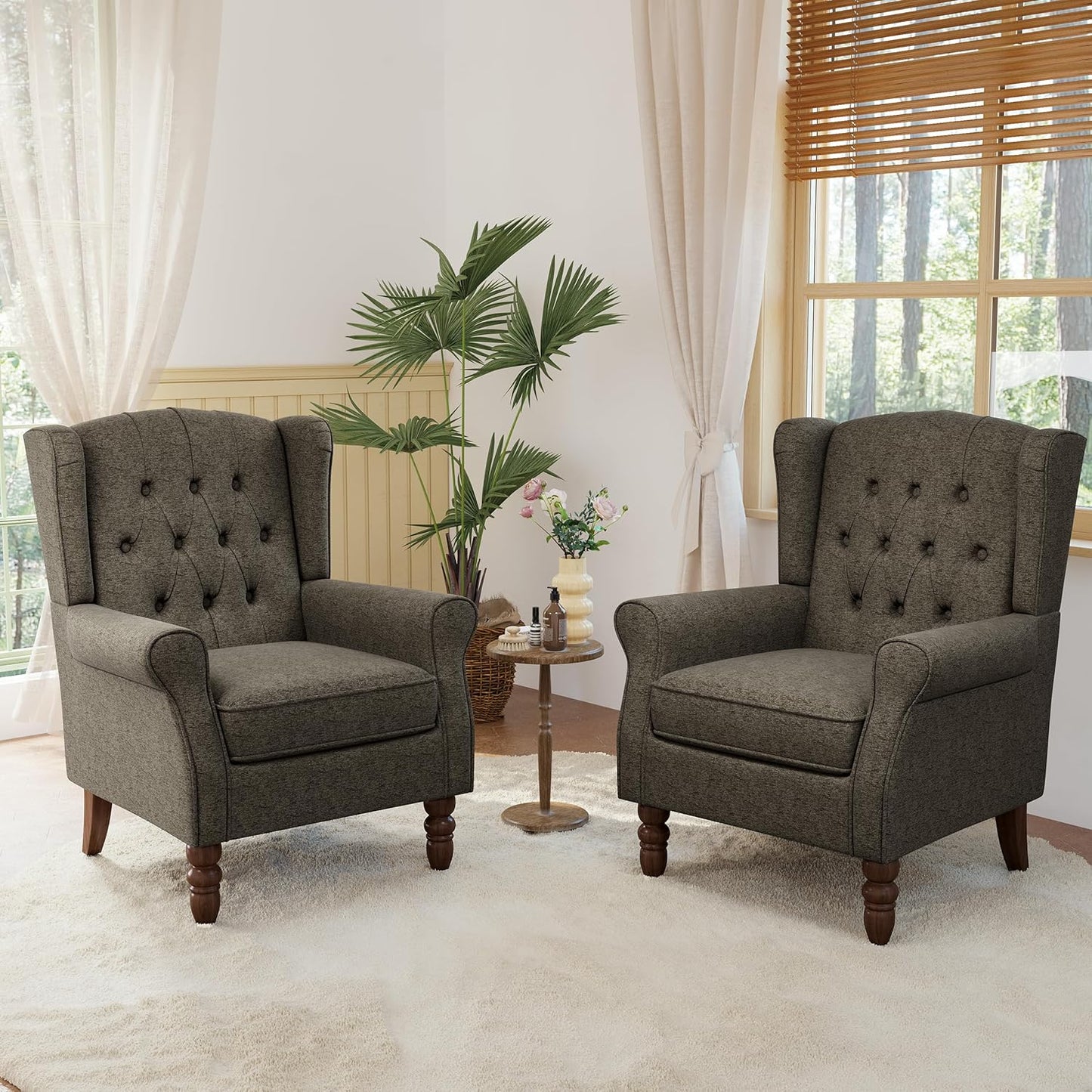 Lumibee High Back Accent Chair Set of 2,Upholstered Wingback Armchair with Solid Wood Legs for Small Spaces,Comfy Single Sofa Chair for Living Room,Bedroom,Office-Taupe