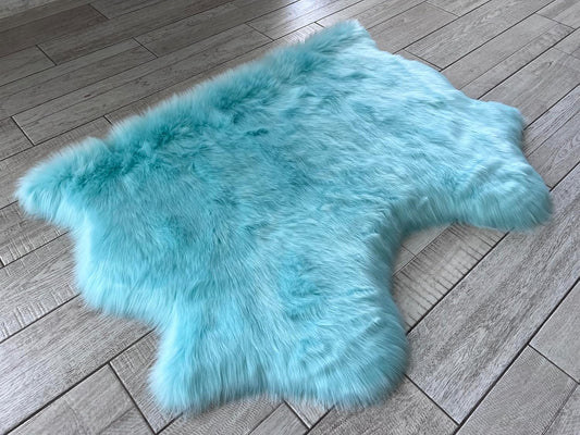 LAMBZY Faux Sheepskin Super Soft Hypoallergenic Free Shape Silky Shag Rug, Luxury Shaggy Plush Carpet for Bedrooms Living Kids Room Sofa Rugs (Blue, Double Side by Side 3'x4')