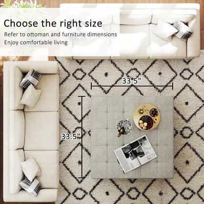 Large Square Ottoman Coffee Table, Linen Solid Upholstered Footrest Ottoman with Solid Wood Shelf Storage Tufted Coffee Table for Bedroom Living Room, Linen