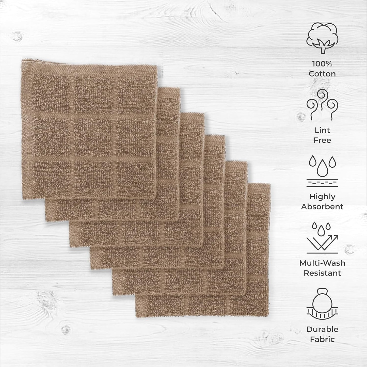 100% Cotton Terry Dish Cloth & Dish Towel, 6 Pack, Super Soft and Absorbent Kitchen Towels, Perfect for Kitchen Cleaning and Dish Washing (TAN 6 Pack)