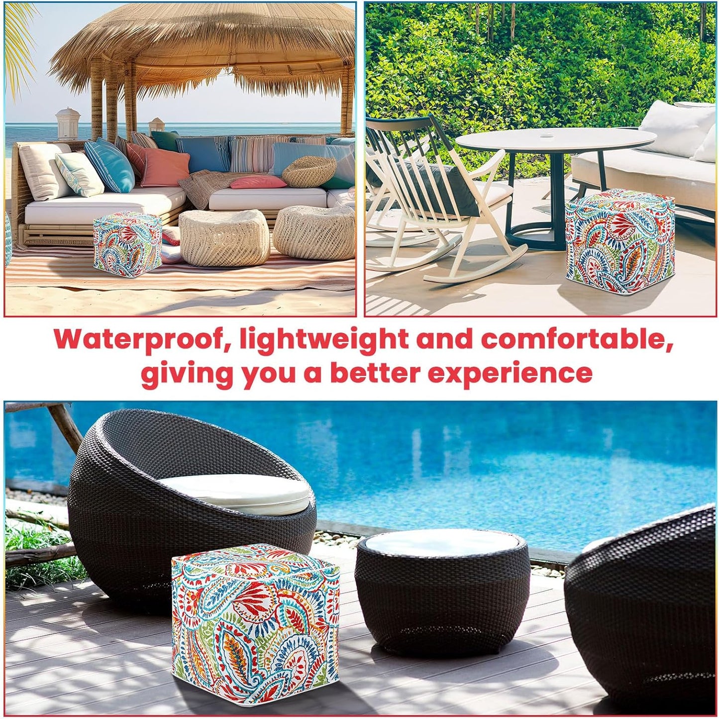 Juexica 1 Pack Ottoman Poufs Indoor Outdoor Inflatable Ottoman Stool Cube Pouffe Square Footstool with Handle for Patio Garden Home Boho Decorative Living Room, Bedroom (16 x 16 x 16 Inches)