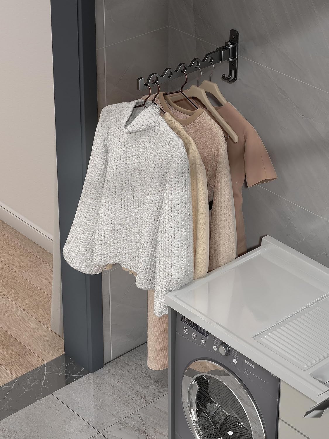 Dr.DJ Wall Hanger for Clothes, Coat Hanger Mounted Matte Black Retractable Clothes Drying Organizer Rack Garment Hooks Aluminium Folding Indoor Space Saver (2 Racks) Black