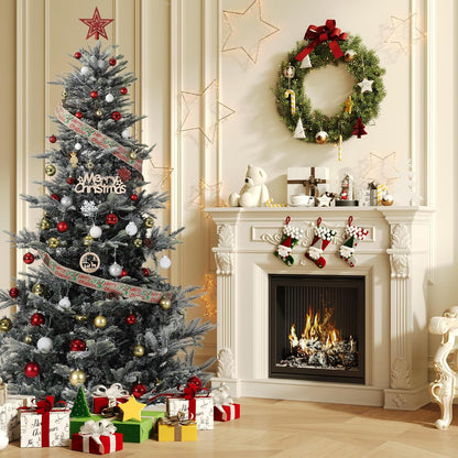 6.5ft Pre-lit Artificial Christmas Tree with Incandescent Warm White Lights, Snow Flocked Full Prelighted Xmas Tree Automatic Branch Tips, UL Listed Lights & Foldable Stand, Green & White