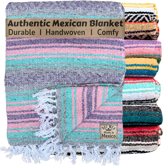 Del Mex Classic Mexican Blanket, Large Authentic Woven Falsa Throw (70"x50"), Artisan Southwest Décor for Beach, Yoga, Outdoors (Mint/Pink/Gray)