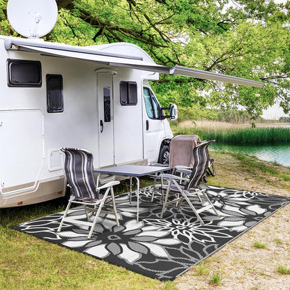 GENIMO Outdoor Rug Waterproof for Patio Decor, 8' x 10' Reversible Plastic Straw Floral Camping Carpet, Large Area Rugs Mats for RV, Camper, Deck, Balcony, Porch, Beach, Picnic, Black & White