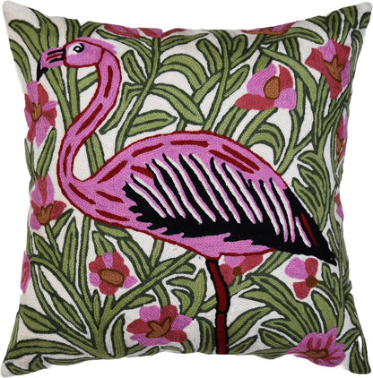 William Morris Flamingo Floral Pillow Cover - Hand Embroidered Modern Flower Pillowcase, Outdoor Cushion, Suzani Farmhouse Chair Throw, Couch Cushions - Wool, Size 18x18