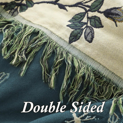 Snycler Boho Throw Blanket for Bed - 100% Cotton Ultra Soft Rustic Quilt Blanket Green Floral Bird Printed Farmhouse Decor Bed Blankets, 80"×90" All Season Rustic Throw for Sofa Chair Couch